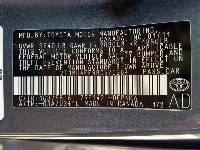 Photo 9 VIN: 2T1BU4EE8BC570264 - TOYOTA COROLLA BA 