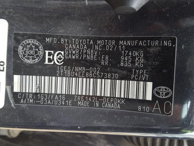 Photo 9 VIN: 2T1BU4EE8BC573830 - TOYOTA COROLLA BA 