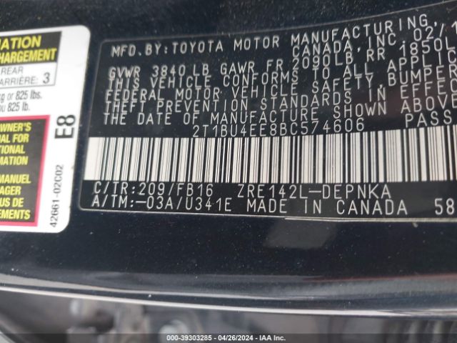 Photo 8 VIN: 2T1BU4EE8BC574606 - TOYOTA COROLLA 