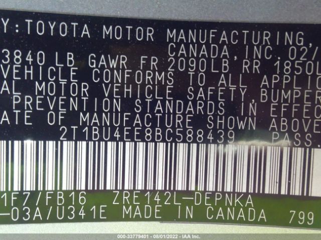 Photo 8 VIN: 2T1BU4EE8BC588439 - TOYOTA COROLLA 