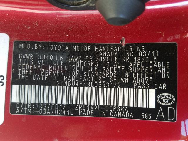 Photo 9 VIN: 2T1BU4EE8BC593172 - TOYOTA COROLLA BA 