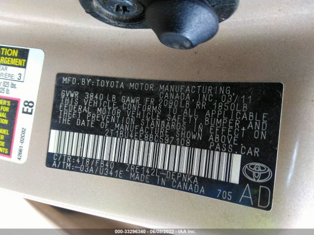 Photo 8 VIN: 2T1BU4EE8BC597108 - TOYOTA COROLLA 