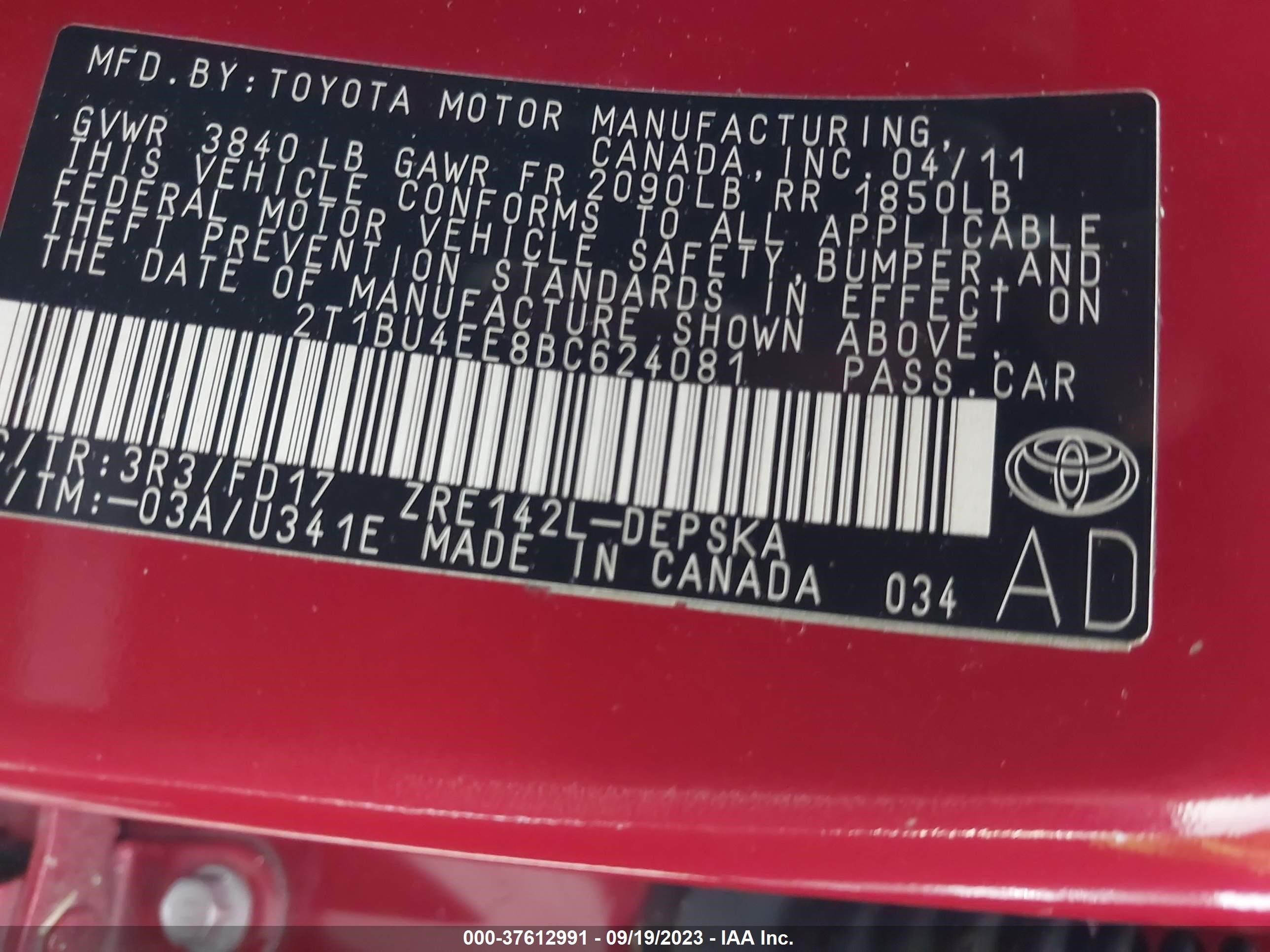 Photo 8 VIN: 2T1BU4EE8BC624081 - TOYOTA COROLLA 