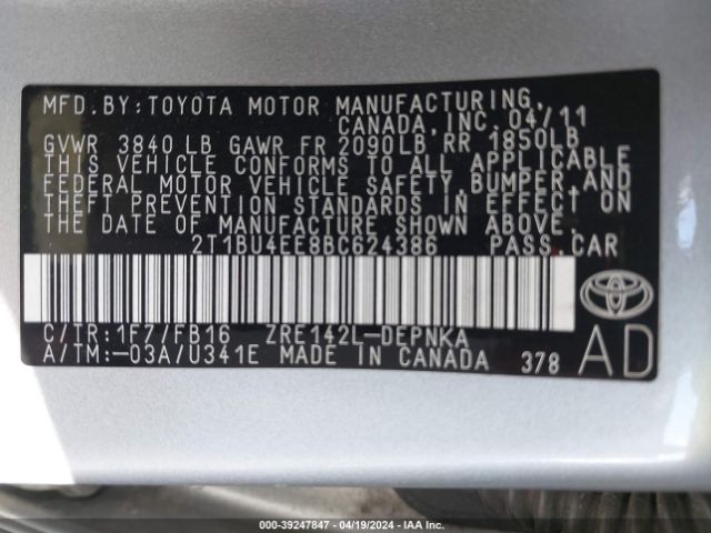 Photo 8 VIN: 2T1BU4EE8BC624386 - TOYOTA COROLLA 