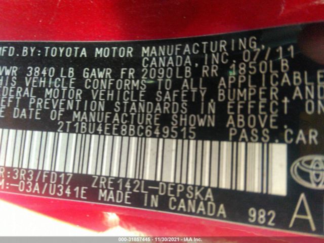 Photo 8 VIN: 2T1BU4EE8BC649515 - TOYOTA COROLLA 