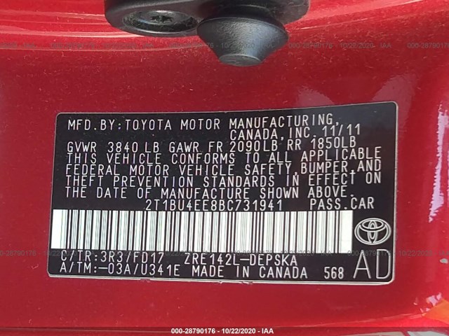 Photo 8 VIN: 2T1BU4EE8BC731941 - TOYOTA COROLLA 