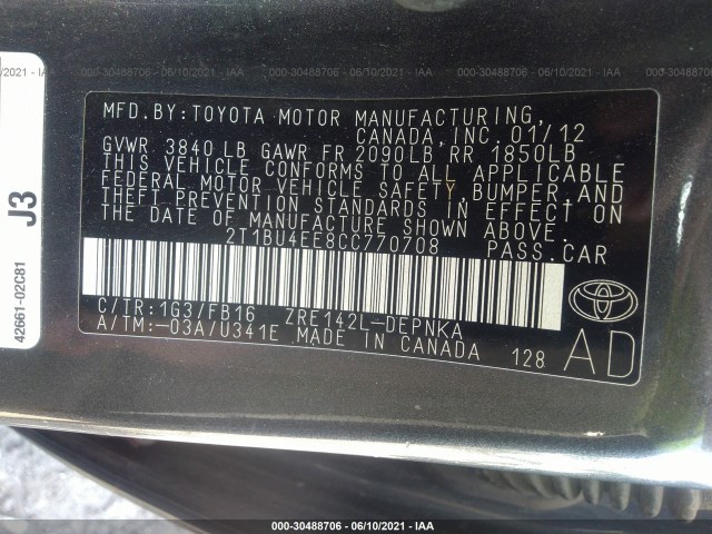 Photo 8 VIN: 2T1BU4EE8CC770708 - TOYOTA COROLLA 