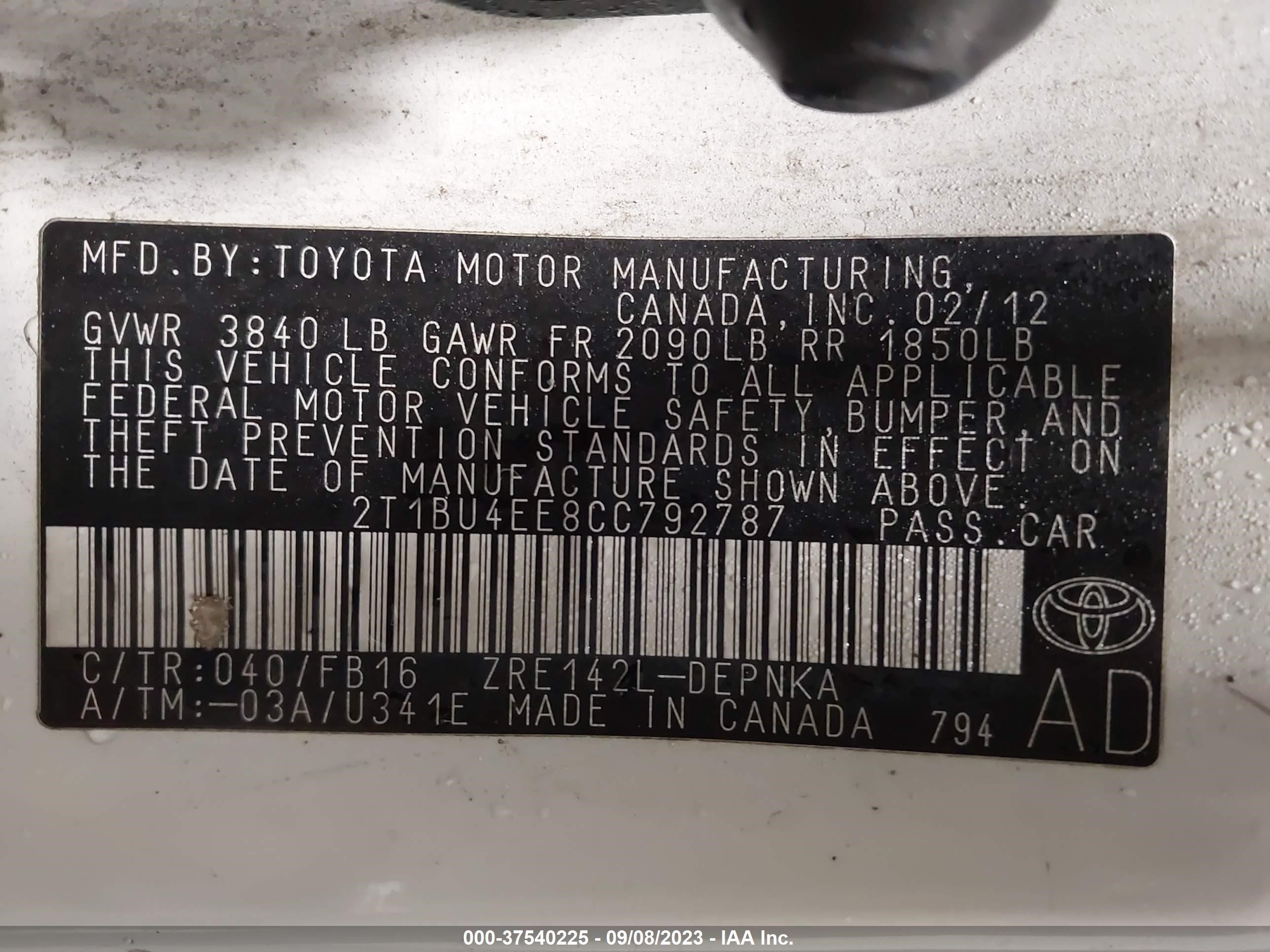 Photo 8 VIN: 2T1BU4EE8CC792787 - TOYOTA COROLLA 