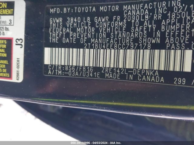 Photo 8 VIN: 2T1BU4EE8CC797178 - TOYOTA COROLLA 