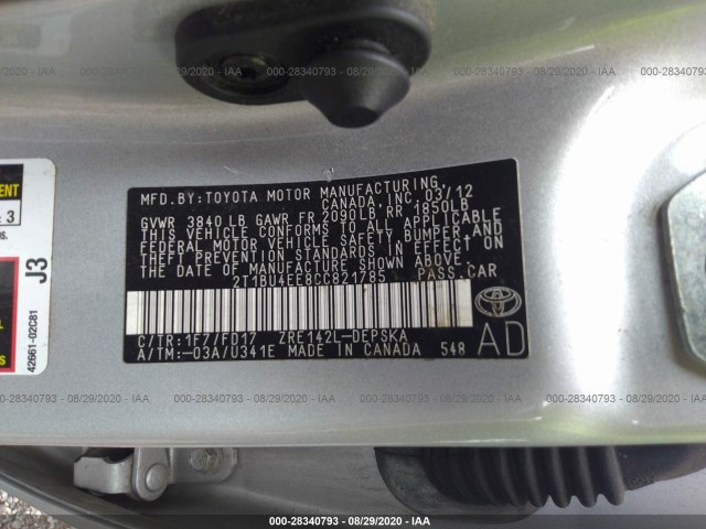 Photo 8 VIN: 2T1BU4EE8CC821785 - TOYOTA COROLLA 