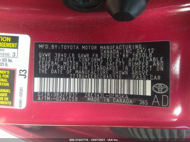 Photo 8 VIN: 2T1BU4EE8CC845116 - TOYOTA COROLLA 