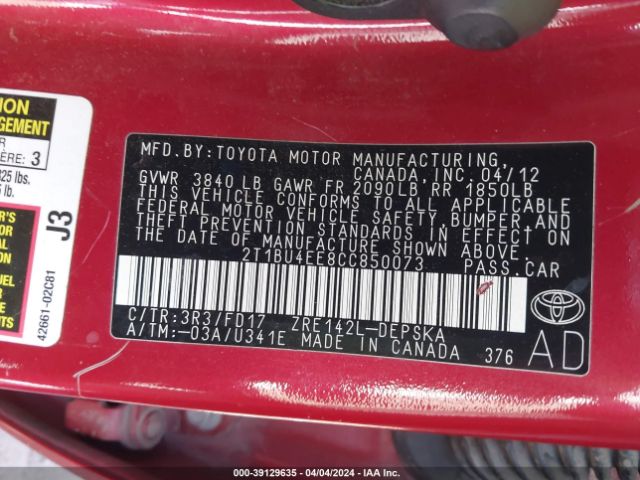 Photo 8 VIN: 2T1BU4EE8CC850073 - TOYOTA COROLLA 