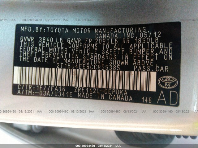 Photo 8 VIN: 2T1BU4EE8CC855385 - TOYOTA COROLLA 