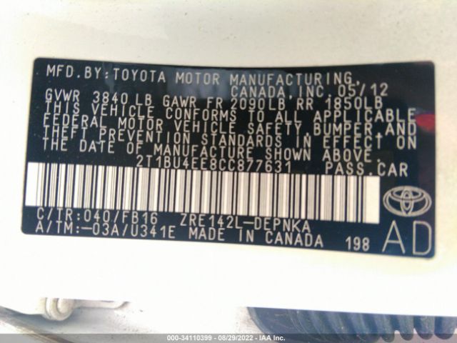 Photo 8 VIN: 2T1BU4EE8CC877631 - TOYOTA COROLLA 