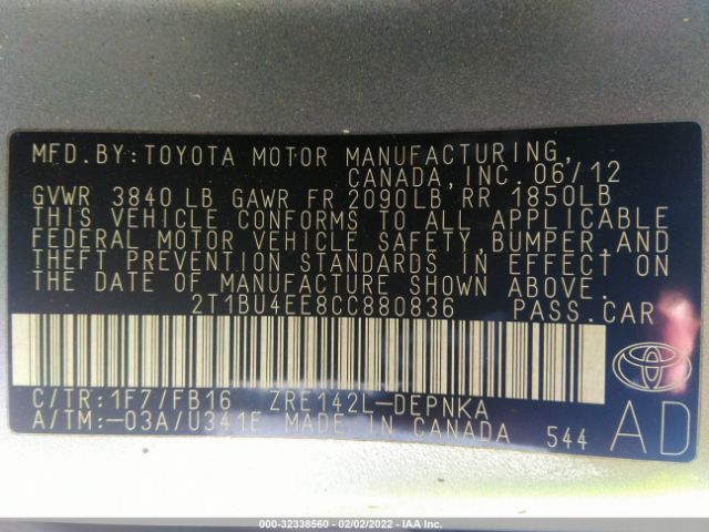 Photo 8 VIN: 2T1BU4EE8CC880836 - TOYOTA COROLLA 