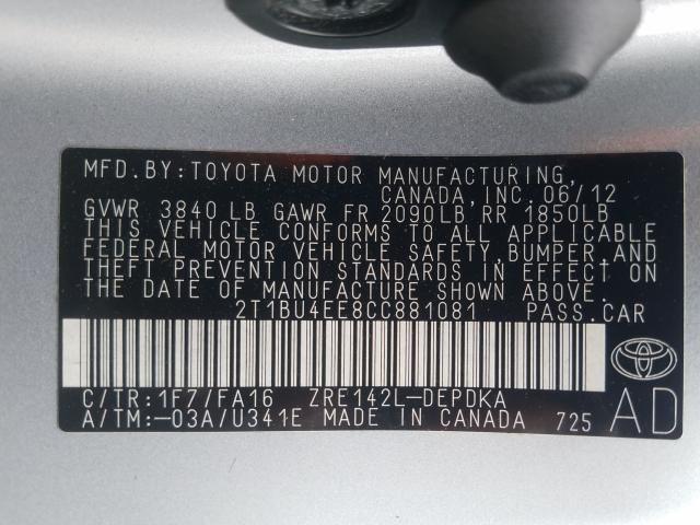 Photo 9 VIN: 2T1BU4EE8CC881081 - TOYOTA COROLLA BA 