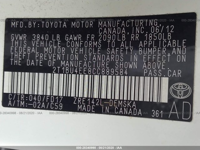 Photo 8 VIN: 2T1BU4EE8CC889584 - TOYOTA COROLLA 