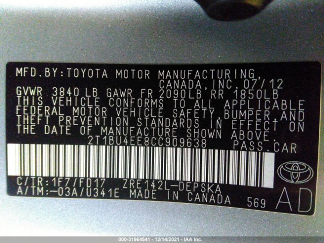 Photo 8 VIN: 2T1BU4EE8CC909638 - TOYOTA COROLLA 