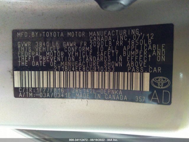 Photo 8 VIN: 2T1BU4EE8CC910353 - TOYOTA COROLLA 