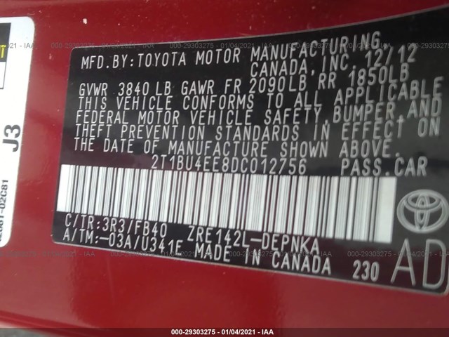 Photo 8 VIN: 2T1BU4EE8DC012756 - TOYOTA COROLLA 