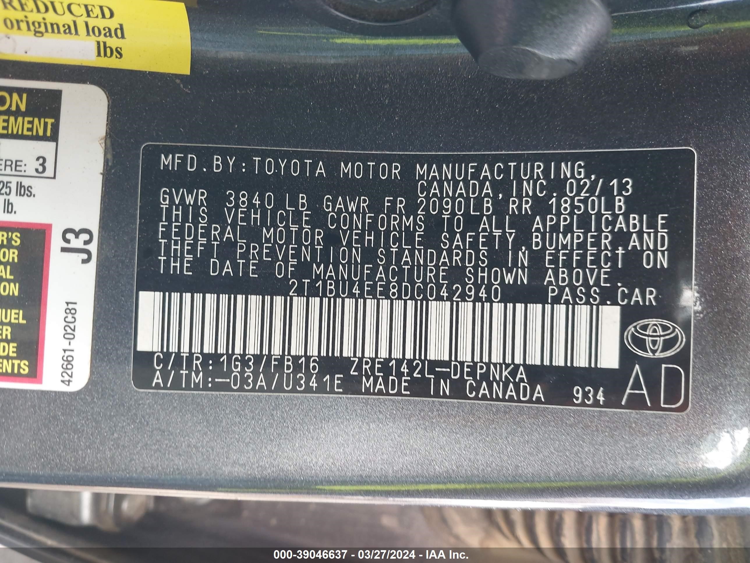 Photo 8 VIN: 2T1BU4EE8DC042940 - TOYOTA COROLLA 