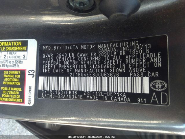 Photo 8 VIN: 2T1BU4EE8DC063626 - TOYOTA COROLLA 