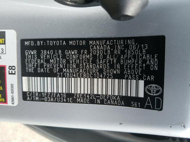 Photo 9 VIN: 2T1BU4EE8DC104725 - TOYOTA COROLLA BA 