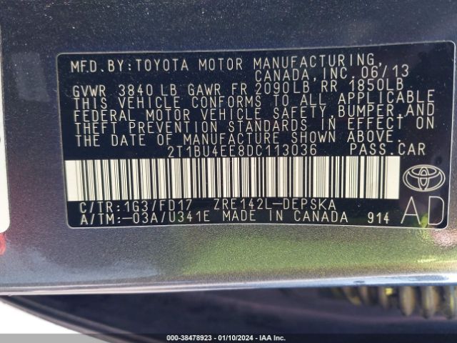 Photo 8 VIN: 2T1BU4EE8DC113036 - TOYOTA COROLLA 