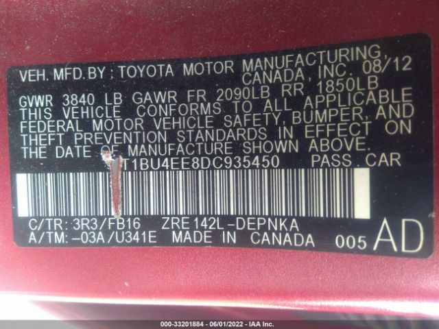 Photo 8 VIN: 2T1BU4EE8DC935450 - TOYOTA COROLLA 