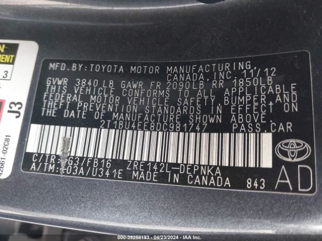 Photo 8 VIN: 2T1BU4EE8DC981747 - TOYOTA COROLLA 