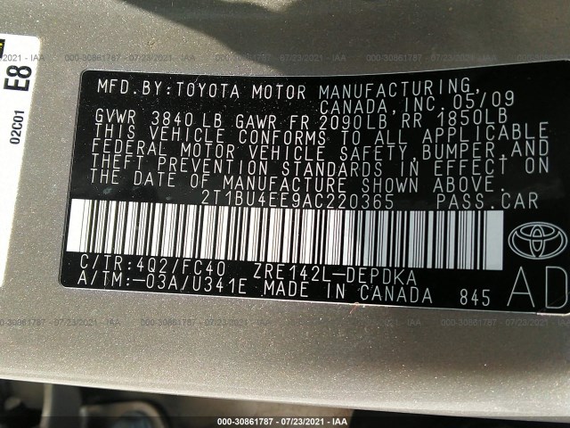 Photo 8 VIN: 2T1BU4EE9AC220365 - TOYOTA COROLLA 