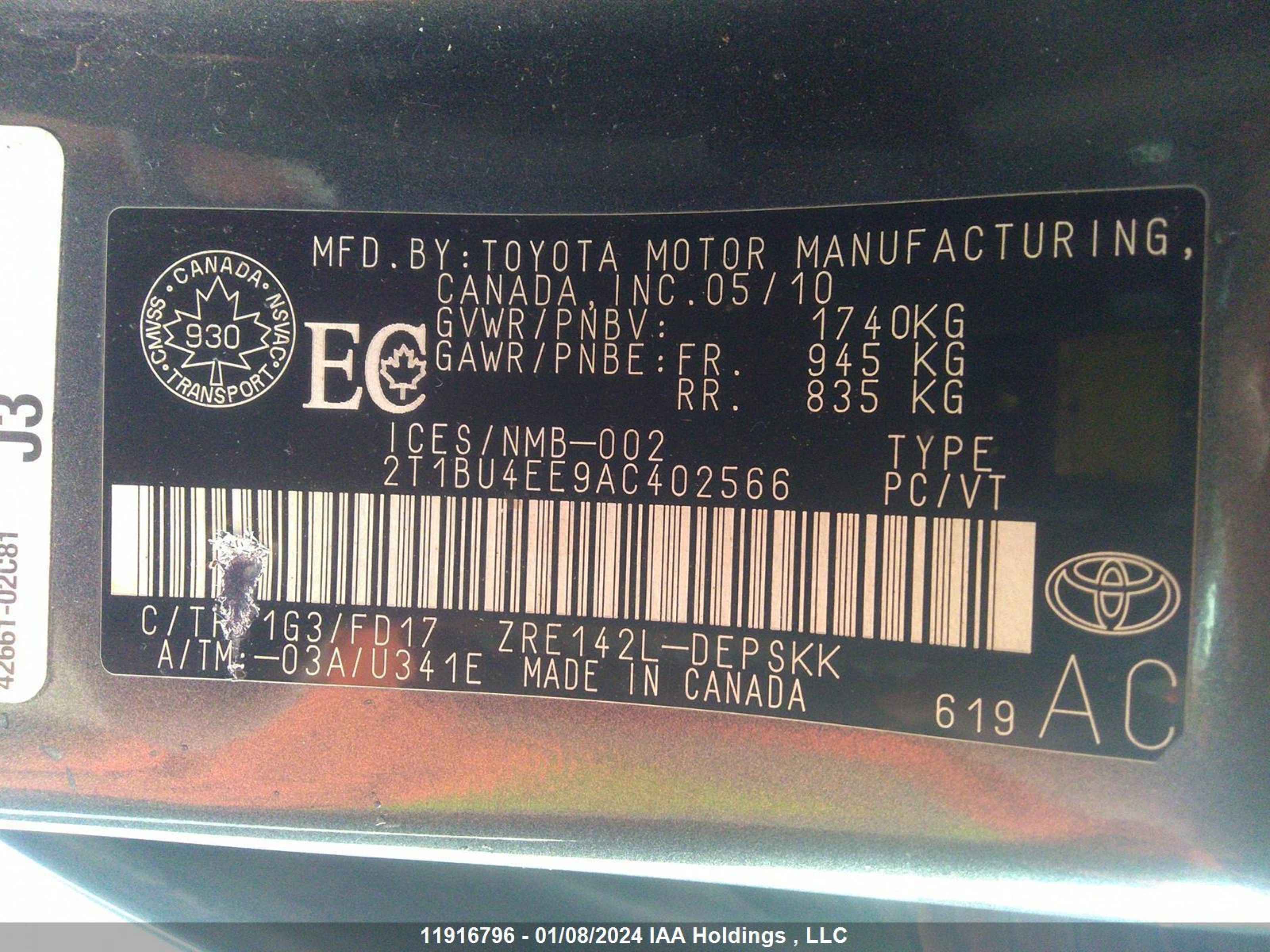 Photo 8 VIN: 2T1BU4EE9AC402566 - TOYOTA COROLLA 