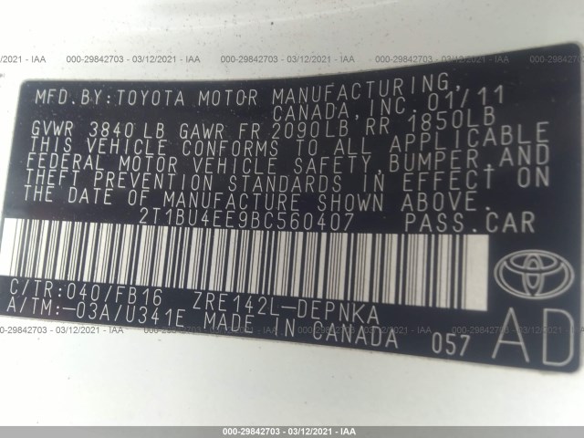 Photo 8 VIN: 2T1BU4EE9BC560407 - TOYOTA COROLLA 