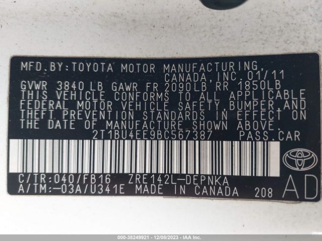 Photo 8 VIN: 2T1BU4EE9BC567387 - TOYOTA COROLLA 