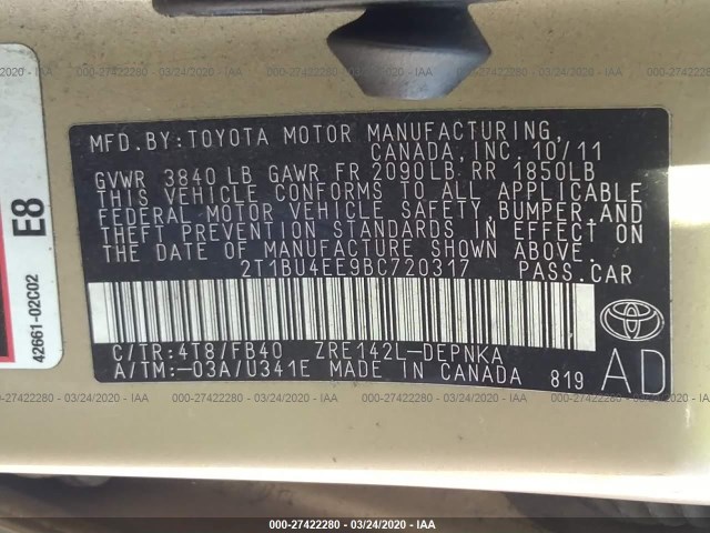 Photo 8 VIN: 2T1BU4EE9BC720317 - TOYOTA COROLLA 