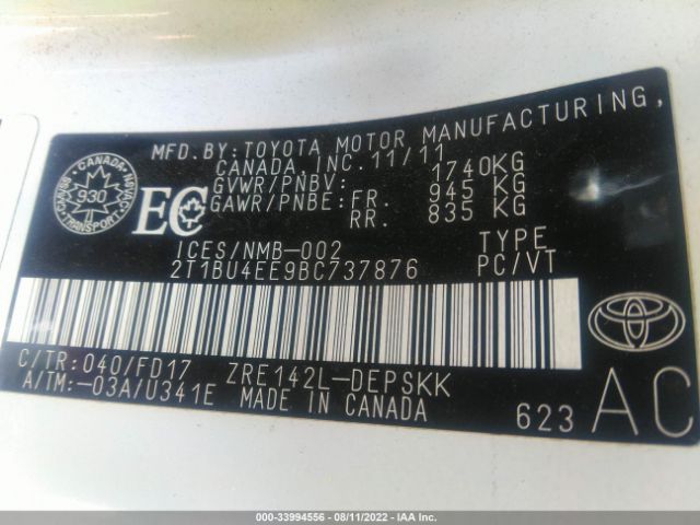 Photo 8 VIN: 2T1BU4EE9BC737876 - TOYOTA COROLLA 