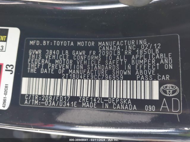 Photo 8 VIN: 2T1BU4EE9CC796959 - TOYOTA COROLLA 