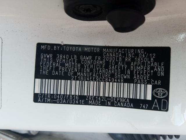 Photo 9 VIN: 2T1BU4EE9CC849448 - TOYOTA COROLLA BA 