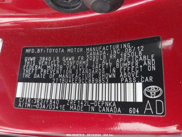 Photo 8 VIN: 2T1BU4EE9CC889853 - TOYOTA COROLLA 