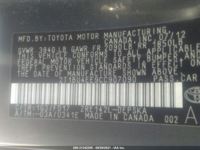 Photo 8 VIN: 2T1BU4EE9CC907090 - TOYOTA COROLLA 