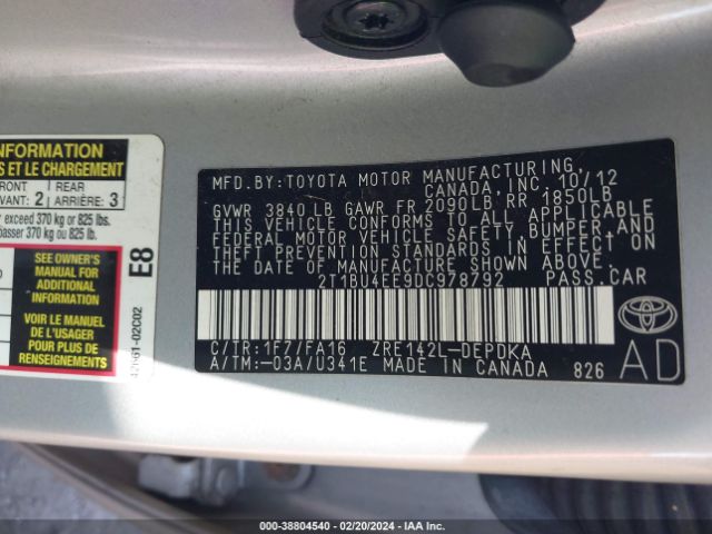 Photo 8 VIN: 2T1BU4EE9DC978792 - TOYOTA COROLLA 