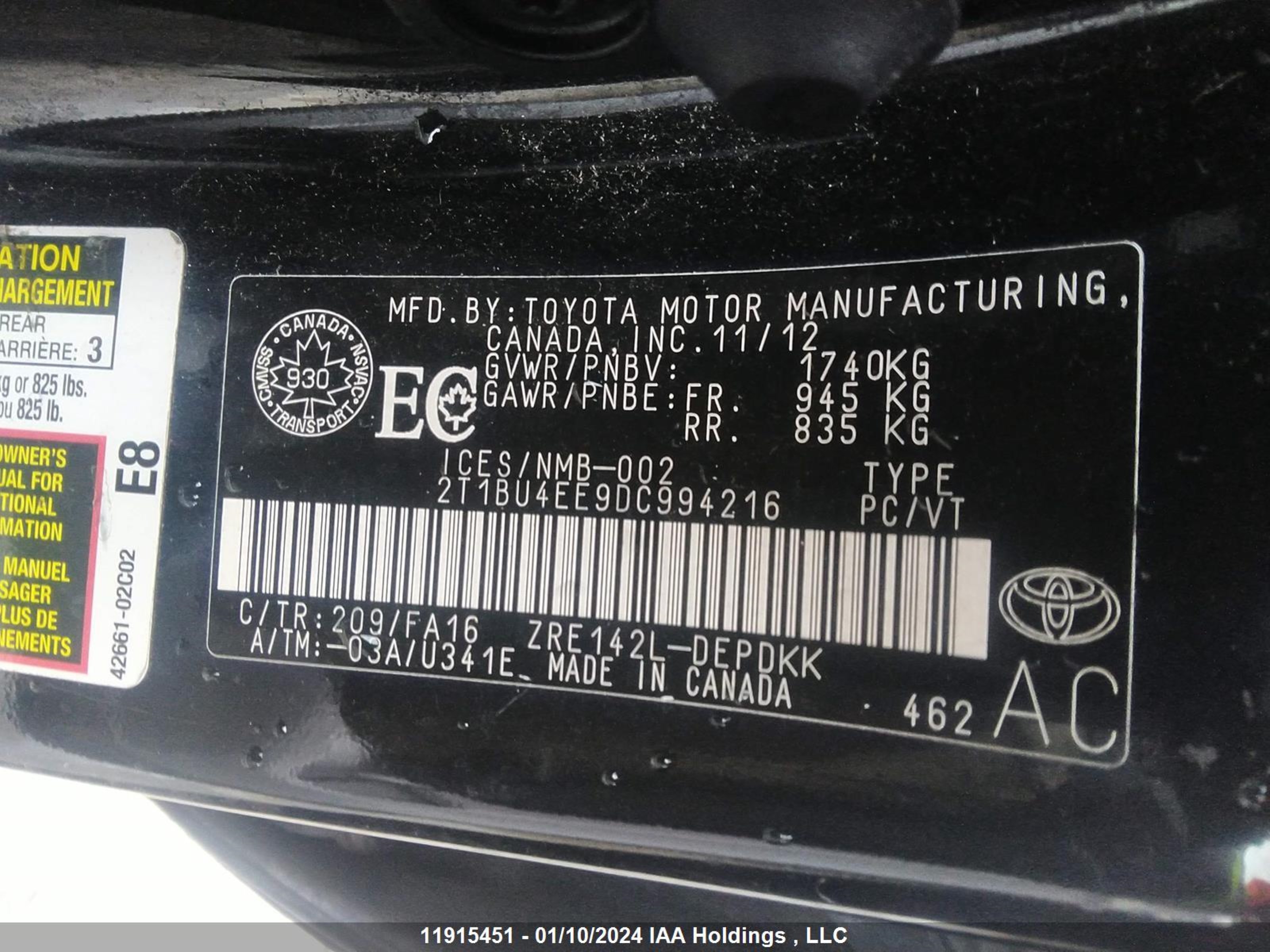 Photo 8 VIN: 2T1BU4EE9DC994216 - TOYOTA COROLLA 