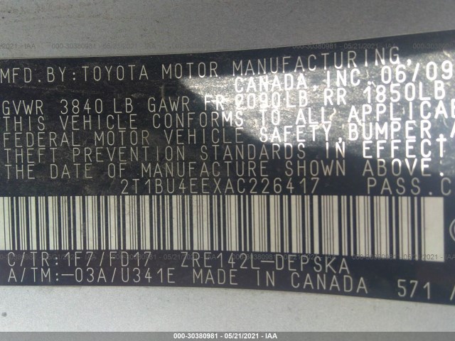 Photo 8 VIN: 2T1BU4EEXAC226417 - TOYOTA COROLLA 