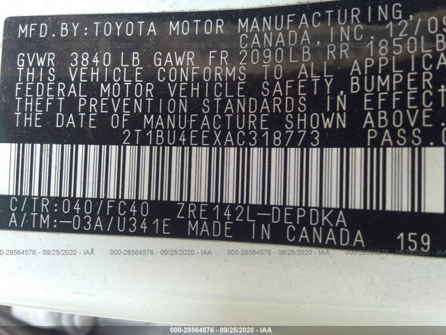 Photo 8 VIN: 2T1BU4EEXAC318773 - TOYOTA COROLLA 