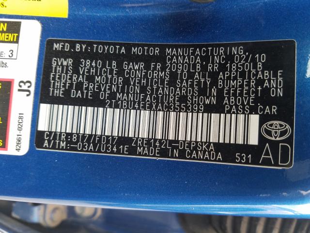 Photo 9 VIN: 2T1BU4EEXAC355399 - TOYOTA COROLLA BA 