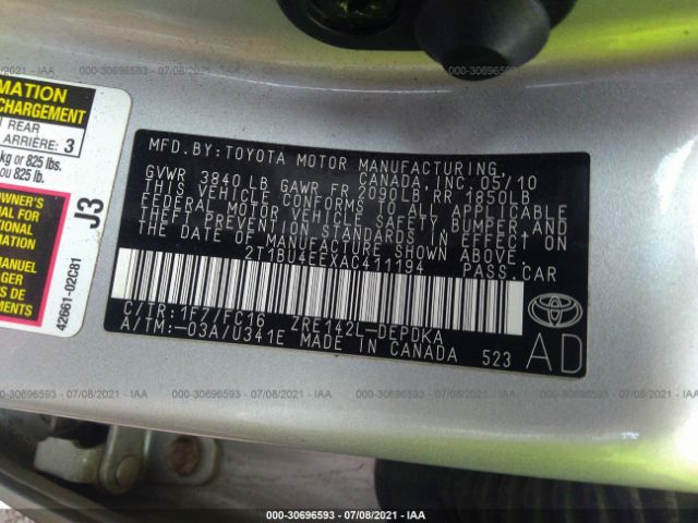 Photo 8 VIN: 2T1BU4EEXAC411194 - TOYOTA COROLLA 