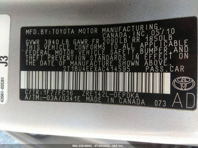 Photo 8 VIN: 2T1BU4EEXAC414595 - TOYOTA COROLLA 