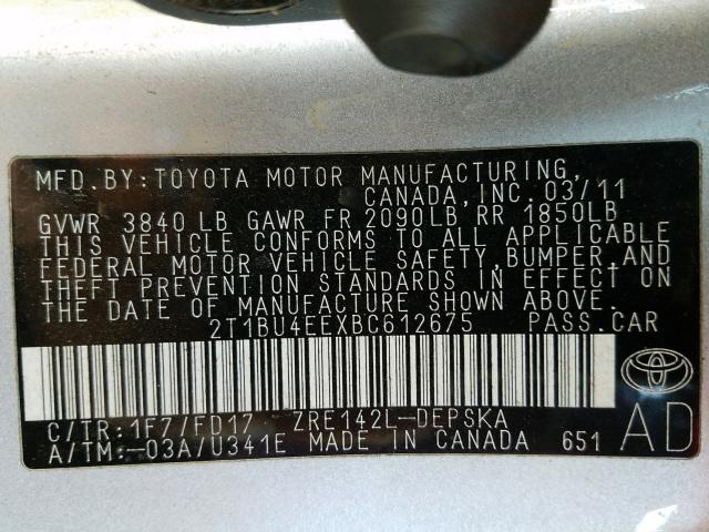 Photo 9 VIN: 2T1BU4EEXBC612675 - TOYOTA COROLLA BA 