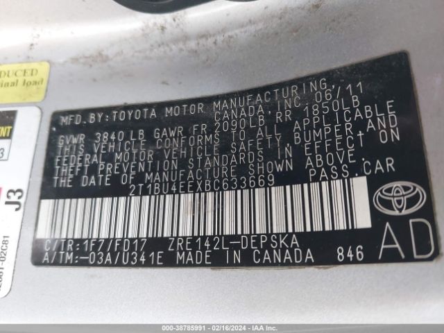 Photo 8 VIN: 2T1BU4EEXBC633669 - TOYOTA COROLLA 