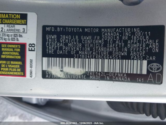 Photo 8 VIN: 2T1BU4EEXBC664551 - TOYOTA COROLLA 